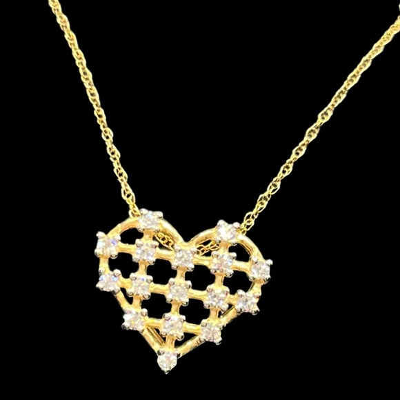 14k gold heart slide pendant CZ studded on thin rope chain necklace
